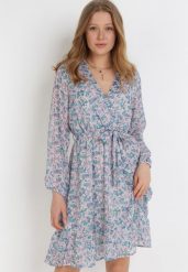 Niebieska Sukienka Iphaia. Niebieskie sukienki damskie Born2be, l, bez wzorów, z materiału, bez kołnierzyka, bez ramiączek, mini, kopertowe. Za 109.99 zł.