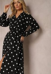 Czarna Wiskozowa Sukienka o Koszulowym Fasonie w Kropki z Paskiem i Kieszeniami Liliea. Czarne sukienki damskie Renee, na spotkanie biznesowe, l, bez wzorów, z wiskozy, eleganckie, bez kołnierzyka, bez ramiączek, koszulowe. Za 119.99 zł.