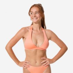 Góra kostiumu kąpielowego surfingowego damski Decathlon Cora Zuma. Brązowe bikini Decathlon, bez wzorów, z elastanu. Za 79.99 zł.