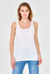 EMPORIO ARMANI Top biały z dżetowym logo. Białe topy damskie Emporio Armani, s, bez wzorów, z bawełny, bez kołnierzyka, bez ramiączek. W wyprzedaży za 223.99 zł.