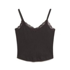 Krótki top z koronkowymi wykończeniami dla kobiet Superdry Athletic Essentials. Czarne topy damskie Superdry, l, bez wzorów, z koronki, eleganckie, bez kołnierzyka, bez ramiączek. Za 106.80 zł.