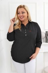 Elegancka czarna tunika w białe kropki PLUS SIZE XXL. Białe koszulki sportowe damskie Nasi partnerzy, plus size, bez wzorów, z poliesteru, bez ramiączek. Za 199.90 zł.