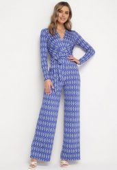 Granatowy Elegancki Kombinezon z Geometrycznym Wzorem i Wiązanym Paskiem Alullina. Niebieskie sukienki damskie Born2be, l, bez wzorów, z dzianiny, eleganckie, bez kołnierzyka, bez ramiączek. Za 149.99 zł.