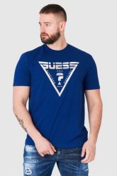 GUESS Granatowy t-shirt męski z logo w moro. Niebieskie t-shirty męskie Guess, m, z aplikacjami, bez kołnierzyka, bez ramiączek. W wyprzedaży za 119.99 zł.