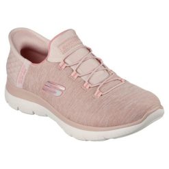 Damskie SUMMITS DAZZLING HAZE Slip-On Różowy. Czerwone obuwie sportowe damskie Skechers, bez wzorów, z materiału, bez zapięcia. Za 259.99 zł.