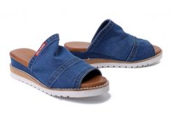 ARTIKER RELAKS 54C0203 jeans, klapki damskie. Niebieskie klapki damskie Artiker Relaks, na lato, bez wzorów, z jeansu, bez obcasa, na koturnie, bez zapięcia. Za 229.90 zł.