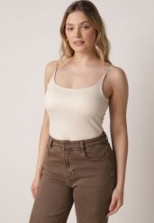 Beżowy Wiskozowy Top z Podwójnymi Ramiączkami Hendrea. Brązowe topy damskie Born2be, m, bez wzorów, z jeansu, eleganckie, bez kołnierzyka, bez ramiączek. Za 59.99 zł.