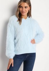 Jasnoniebieski Sweter z Długim Włosiem i Dodatkiem Wełny Merithina. Niebieskie swetry nierozpinane damskie Born2be, uniwersalny, bez wzorów, z dzianiny, eleganckie, bez kołnierzyka, bez ramiączek. Za 69.99 zł.