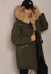 Zielona Kurtka Parka Ściągana w Talii z Dwustronnym Suwakiem i Kapturem z Futrem Edrieth. Zielone kurtki damskie Renee, na zimę, l, bez wzorów, z materiału. Za 249.99 zł.