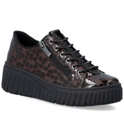 Półbuty damskie lakierowane sneakersy kroko brązowe Rieker N2555-25. Brązowe półbuty damskie Rieker, bez wzorów, z lakierowanej skóry, bez obcasa, bez zapięcia. Za 389.00 zł.