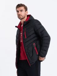 Sportowa kurtka męska pikowana - czarna V2 OM-JALP-0118 - M. Czarne kurtki sportowe męskie Ombre Clothing, m, bez wzorów, z nylonu, bez kaptura. W wyprzedaży za 89.99 zł.