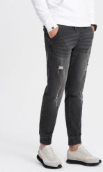 Ombre Męskie spodnie jeansowe JOGGERY z przetarciami - czarne V2 OM-PADJ-0150 M. Czarne spodnie sportowe męskie Ombre, m, bez wzorów, z jeansu. Za 99.99 zł.