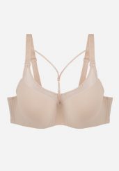 Jasnobeżowy Biustonosz z Siateczkową Wstawką i Ozdobnymi Paskami przy Dekolcie Sabesa. Brązowe biustonosze Renee, bez wzorów, z jeansu. Za 49.99 zł.