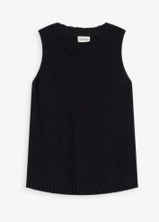 Top dzianinowy z bawełny o pętelkowej strukturze. Czarne topy damskie bonprix, bez wzorów, z bawełny, eleganckie, bez kołnierzyka, bez ramiączek. Za 37.99 zł.
