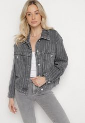 Szara Kurtka Jeansowa w Paski z Kieszeniami Ravilune. Szare kurtki damskie Born2be, l, bez wzorów, z jeansu, bez kaptura. Za 149.99 zł.