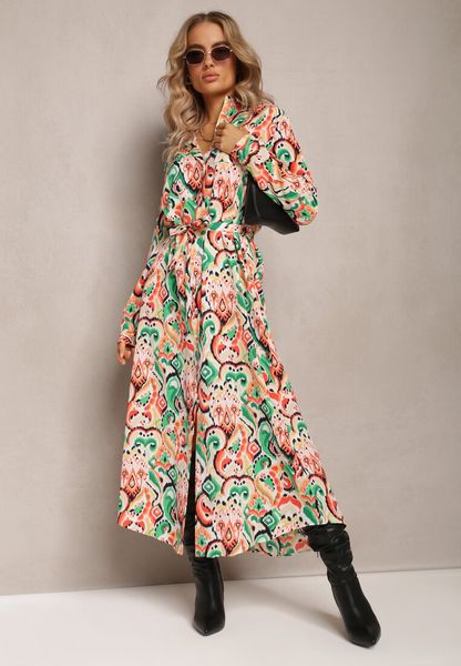 Zielono-Pomarańczowa Koszulowa Sukienka Maxi z Wiązanym Paskiem Tiamella. Zielone sukienki damskie Renee, l, bez wzorów, z materiału, bez kołnierzyka, bez ramiączek, maxi, koszulowe. Za 59.99 zł.