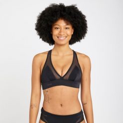 Góra kostiumu kąpielowego surfingowego damska Olaian Isa. Czarne bikini OLAIAN, w ażurowe wzory, z elastanu. Za 99.99 zł.
