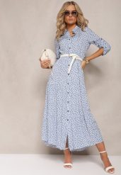 Jasnoniebieska Maxi Sukienka z Bawełny w Kropki o Koszulowym Kroju z Rozkloszowanym Dołem Feriti. Niebieskie sukienki damskie Renee, na plażę, na lato, l, bez wzorów, z bawełny, bez kołnierzyka, bez ramiączek, maxi, koszulowe. Za 74.99 zł.