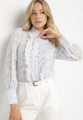 Niebieska Koszula z Koronki z Ozdobnymi Guzikami Zelmi. Niebieskie koszule damskie Born2be, m, bez wzorów, z jeansu, klasyczne, bez kołnierzyka, bez ramiączek. Za 54.99 zł.