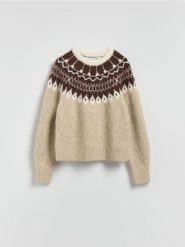 Sweter z dodatkiem wełny - wielobarwny. Swetry nierozpinane damskie Reserved, l, bez wzorów, z dzianiny, bez kołnierzyka, bez ramiączek. Za 139.99 zł.