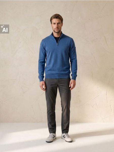 Bawełniany sweter half-zip - niebieski. Niebieskie swetry męskie Sinsay, l, bez wzorów, z bawełny, bez kołnierzyka, bez ramiączek. Za 59.99 zł.