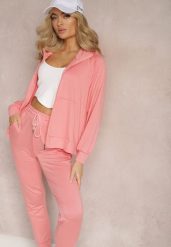 Różowy Komplet Dresowy z Bawełny Dresowe Spodnie i Bluza z Golfem na Suwak Sufinia. Czerwone bluzy damskie Renee, s, bez wzorów, z bawełny, bez ramiączek, bez kaptura. Za 59.99 zł.