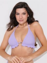 Góra od bikini z falbaną - fioletowy. Fioletowe stroje kąpielowe damskie Sinsay, l, bez wzorów. W wyprzedaży za 19.99 zł.