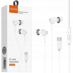 SŁUCHAWKI PRZEWODOWE DOKANAŁOWE USB TYP-C Z MIKROFONEM PILOTEM BIAŁE 1.2m. Białe słuchawki dokanałowe VIDVIE. Za 19.00 zł.