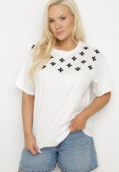 Biały T-shirt z Bawełny Ozdobiony Cyrkoniami i Haftami Firarette. Białe t-shirty damskie Born2be, l, bez wzorów, z bawełny, klasyczne, bez kołnierzyka, bez ramiączek. Za 49.99 zł.