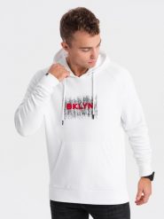 Męska klasyczna bluza kangurka z nadrukiem - biała V1 OM-SSPS-0150 - XXL. Białe bluzy męskie Ombre Clothing, l, bez wzorów, z bawełny, z kapturem. W wyprzedaży za 59.99 zł.