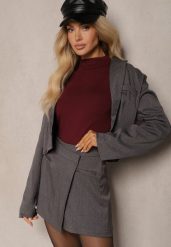 Szare Spódnico-Szorty z Cekinami Zakładką i Imitacją Kieszeni Vaiane. Szare szorty damskie Renee, bez wzorów, biznesowe, z podwyższonym stanem. Za 109.99 zł.