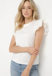 Biały Top z Bawełny Ozdobiony Ażurowymi Rękawami Nalathiel. Białe topy damskie Born2be, m, w ażurowe wzory, z bawełny, eleganckie, bez kołnierzyka, bez ramiączek. Za 34.99 zł.