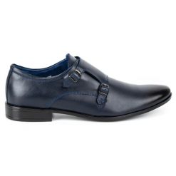 Lukas Skórzane buty wizytowe Monki 287LU granat niebieskie. Niebieskie buty wizytowe męskie bez wzorów, z jeansu, bez obcasa, bez zapięcia. Za 367.89 zł.