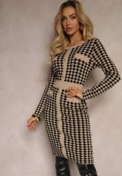 Beżowo-Czarna Sweterkowa Sukienka z Wiskozą w Pipetkę w Eleganckim Stylu Delassea. Brązowe sukienki damskie Renee, na jesień, m, bez wzorów, z dzianiny, eleganckie, bez kołnierzyka, bez ramiączek. Za 99.99 zł.