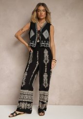 Czarne Szerokie Spodnie z Lnem i Bawełną High Waist z Haftem i Metaliczną Nicią Serilia. Czarne spodnie materiałowe damskie Renee, bez wzorów, z bawełny, eleganckie, z podwyższonym stanem. Za 64.99 zł.