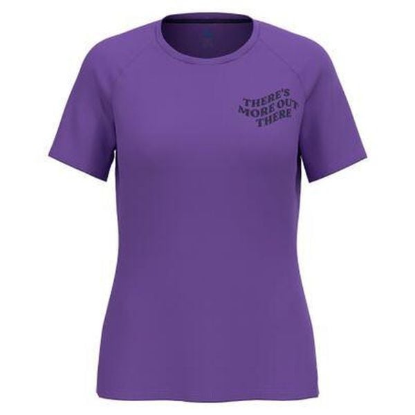 Koszulka damska Odlo ESSENTIAL PRINT T-shirt crew neck s/s. Fioletowe bluzki damskie ODLO, s, bez wzorów, sportowe, bez kołnierzyka, bez ramiączek. Za 168.12 zł.