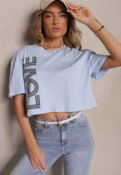 Niebieski T-shirt z Bawełny o Krótkim Kroju Ozdobiony Napisem Sannovia. Niebieskie t-shirty damskie Renee, m, bez wzorów, z bawełny, klasyczne, bez kołnierzyka, bez ramiączek. Za 39.99 zł.