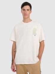 4F T-shirt oversize z nadrukiem męski - biały XL. Białe t-shirty męskie 4F, m, bez wzorów, ze skóry, bez kołnierzyka, bez ramiączek. W wyprzedaży za 69.99 zł.