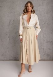 Beżowa Rozkloszowana Spódnica z Kieszonkami i Paskiem z Klamrą Qualea. Brązowe spódnice damskie Renee, na co dzień, l, bez wzorów, z bawełny, eleganckie, midi, dopasowane. Za 129.99 zł.