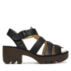 Sandały Fly London. Czarne sandały damskie Fly London, bez wzorów, bez obcasa, na słupku, bez zapięcia. Za 589.99 zł.