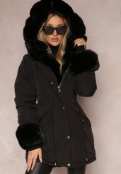 Czarna Kurtka Parka ze Ściągaczem i Kapturem z Futerkiem Bellad. Czarne kurtki damskie Renee, xl, z aplikacjami. Za 349.99 zł.