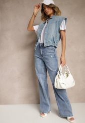 Niebieskie Jeansy High Waist z Szeroką Nogawką Zdobione Przetarciami Napinea. Niebieskie jeansy damskie Renee, z aplikacjami, z jeansu, eleganckie, z podwyższonym stanem. Za 129.99 zł.