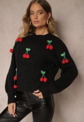 Czarny Sweter ze Ściągaczami w Wisienki Ventinnia. Czarne swetry nierozpinane damskie Renee, na jesień, m, bez wzorów, z jeansu, casualowe, bez kołnierzyka, bez ramiączek. Za 159.99 zł.