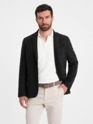 Żakardowa marynarka męska w delikatną kratę - czarna V2 - Rozmiar: L. Czarne garnitury męskie Ombre Clothing, l, bez wzorów, z materiału, bez kołnierzyka, bez ramiączek. W wyprzedaży za 99.99 zł.
