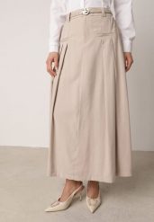 Beżowa Wiskozowa Spódnica o Rozkloszowanym Kroju z Plisami i Paskiem Rolea. Brązowe spódnice damskie Born2be, na co dzień, m, bez wzorów, z wiskozy, eleganckie, maxi, rozkloszowane. Za 119.99 zł.