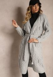 Szary Kardigan Bez Zapięć z Wełną i Wiskozą o Tłoczonym Splocie z Wiązanym Paskiem Vaimella. Szare kardigany damskie Renee, na zimę, l, bez wzorów, z wełny, bez kołnierzyka. Za 119.99 zł.