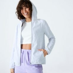 Bluza na zamek damska Domyos Gym & Pilates 100. Szare bluzy damskie DOMYOS, xs, bez wzorów, z bawełny, klasyczne, bez ramiączek, bez kaptura. Za 79.99 zł.