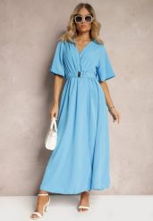 Niebieska Kopertowa Sukienka z Gumką w Talii i Paskiem Amperi. Niebieskie sukienki damskie Renee, l, bez wzorów, eleganckie, bez kołnierzyka, bez ramiączek, maxi, dopasowane. Za 49.99 zł.