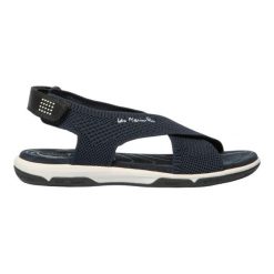 Sandały damskie TBS Jazzfit. Niebieskie sandały damskie TBS, bez wzorów, z materiału, bez obcasa, bez zapięcia. Za 329.40 zł.