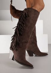 Ciemnobrązowe Kozaki Kowbojki z Imitacji Zamszu z Frędzlami i Stożkowym Obcasem Rafilea. Brązowe kozaki damskie Renee, bez wzorów, z koronki, bez obcasa, na obcasie, bez zapięcia. Za 189.99 zł.